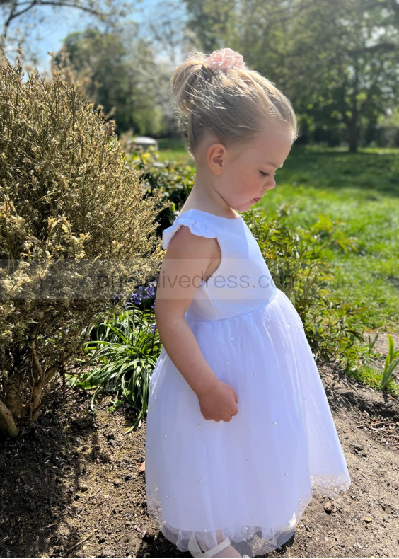 Cap Sleeves White Satin Tulle Pearls Embellished Flower Girl Dress